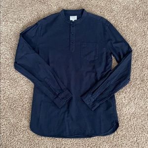 Frank & Oak Navy Long Sleeve Seer Sucker Shirt